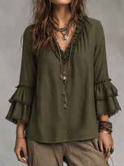 Ruffled Lace Cotton Linen Long-sleeved Blouse