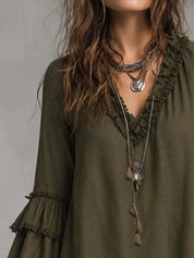 Ruffled Lace Cotton Linen Long-sleeved Blouse