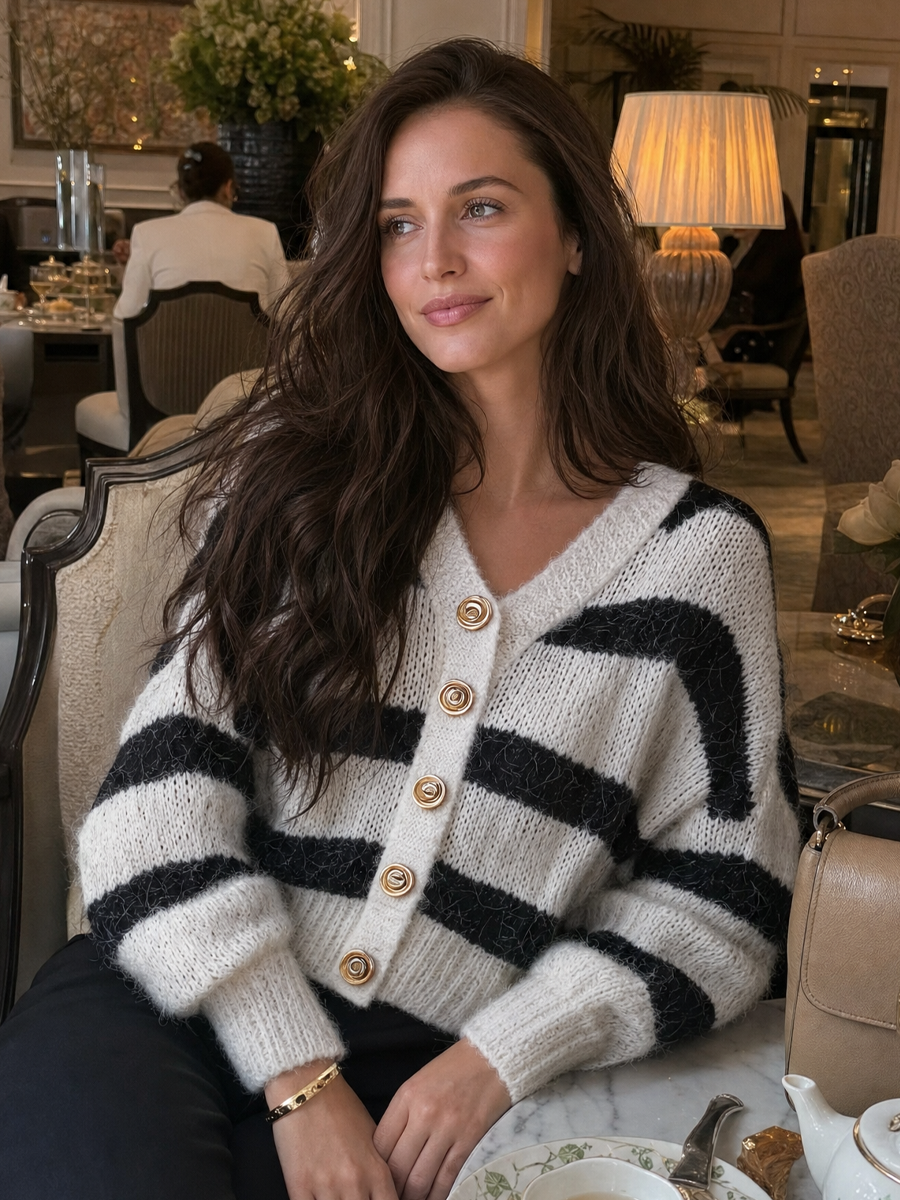 Chic Ivory Black Fuzzy Knit Gold-Button Cardigan