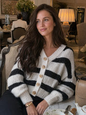 Chic Ivory Black Fuzzy Knit Gold-Button Cardigan