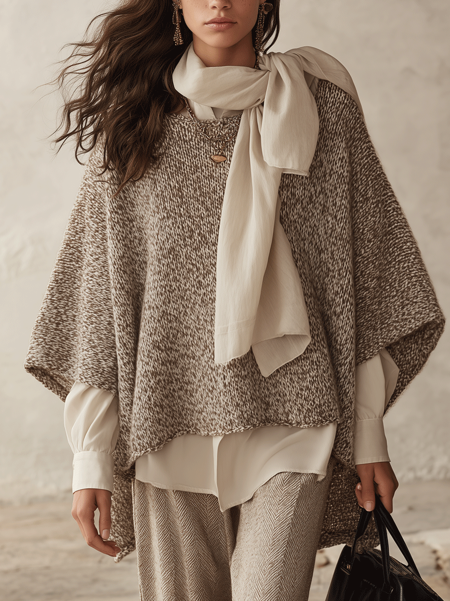 Quiet Luxury Bouclé Knit Oversized Oatmeal Cape Sweater