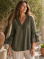 Ruffled Lace Cotton Linen Long-sleeved Blouse