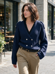 Autical Luxe Navy Double-Breasted Knit Cardigan Top