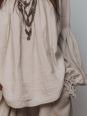 Lace-trimmed Pleated Cotton Linen Blouse