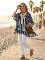 Women's Navy Striped Tassel-Tie Lace Trim Blouse