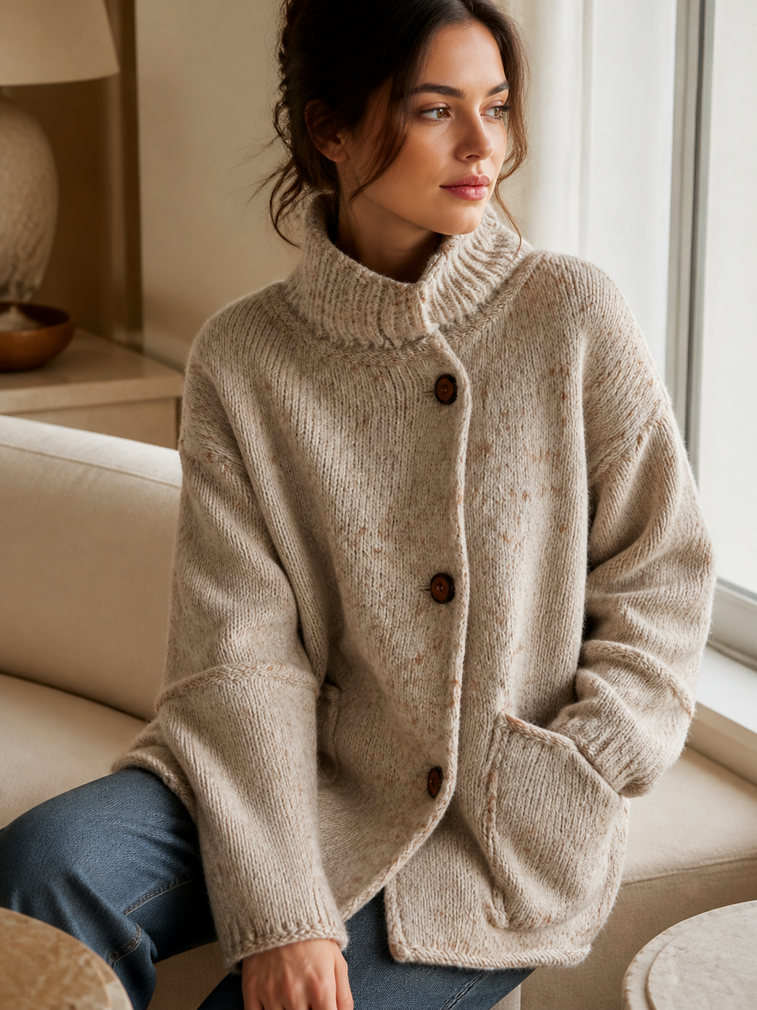 Relaxed Oatmeal Button-Detail Turtleneck Pullover Sweater Top