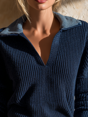 Relaxed Navy Ribbed Polo Knit Sweater Top