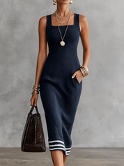 Women's Striped Trim Knit Cardigan and Ribbed Midi Dress Set