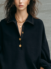 Relaxed Black Textured Collared Gold-Button Pullover Top