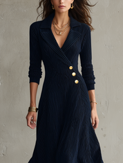 Navy Blue And Gold Button Knit Collar Dress