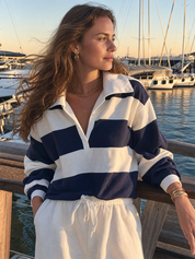 Navy Blue Striped Polo Collar Long Sleeved Top