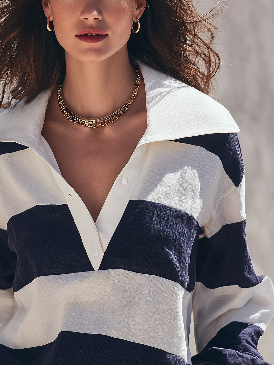 Navy Blue Striped Polo Collar Long Sleeved Top