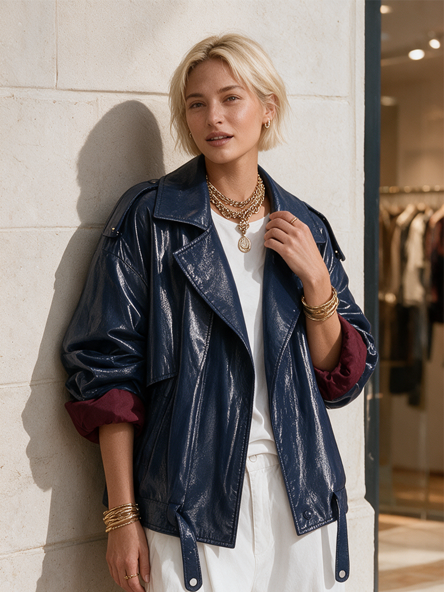 Urban Luxe Navy Patent Leather Jacket