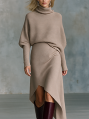 Turtleneck Batwing Sleeve Sweater & Asymmetric Hem Skirt Knit Two-Piece Set