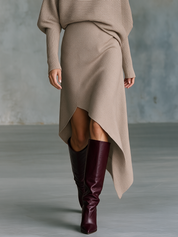 Turtleneck Batwing Sleeve Sweater & Asymmetric Hem Skirt Knit Two-Piece Set