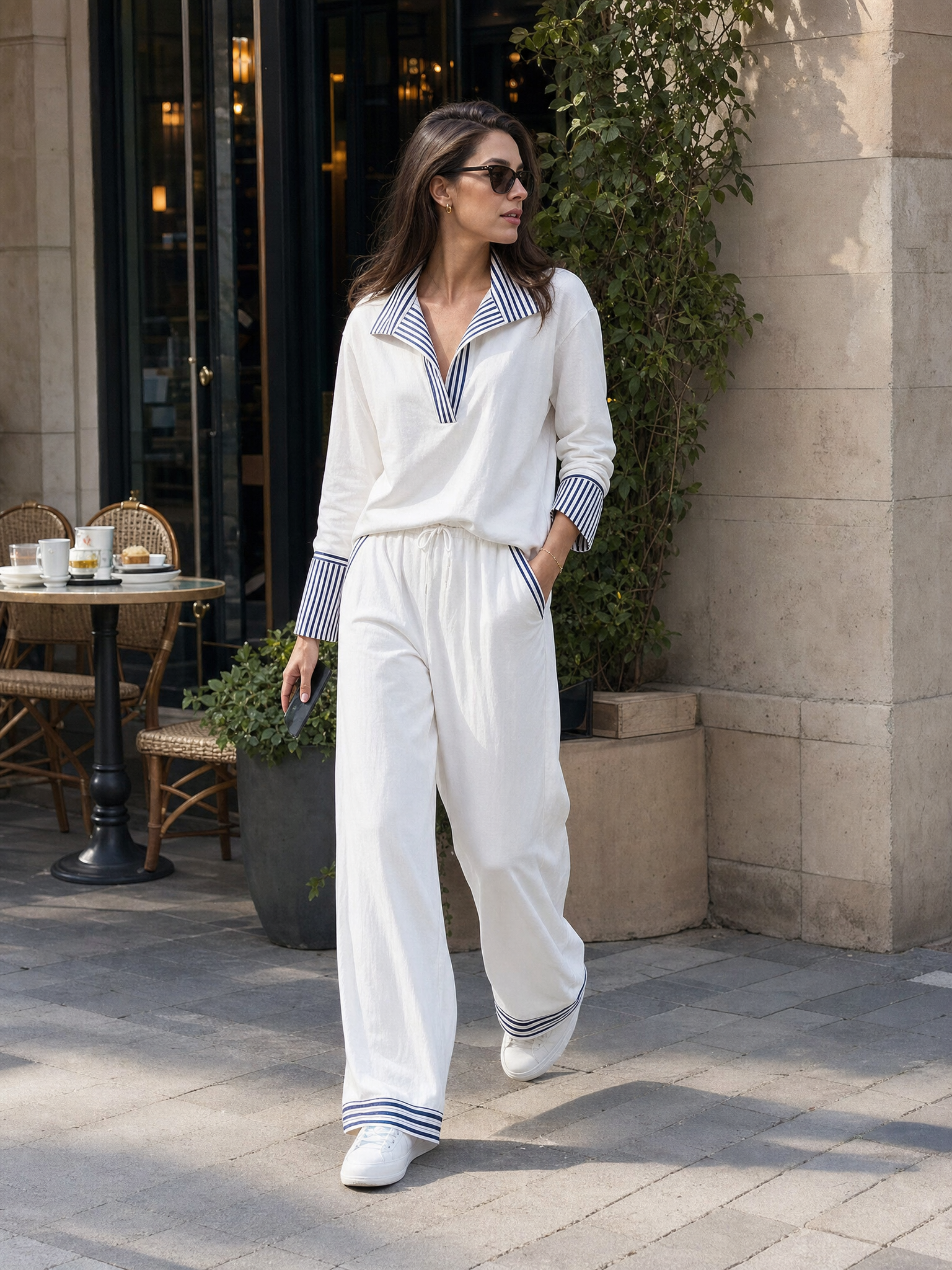 Coastal Luxe Striped Collar Top & Wide Leg Pants Set