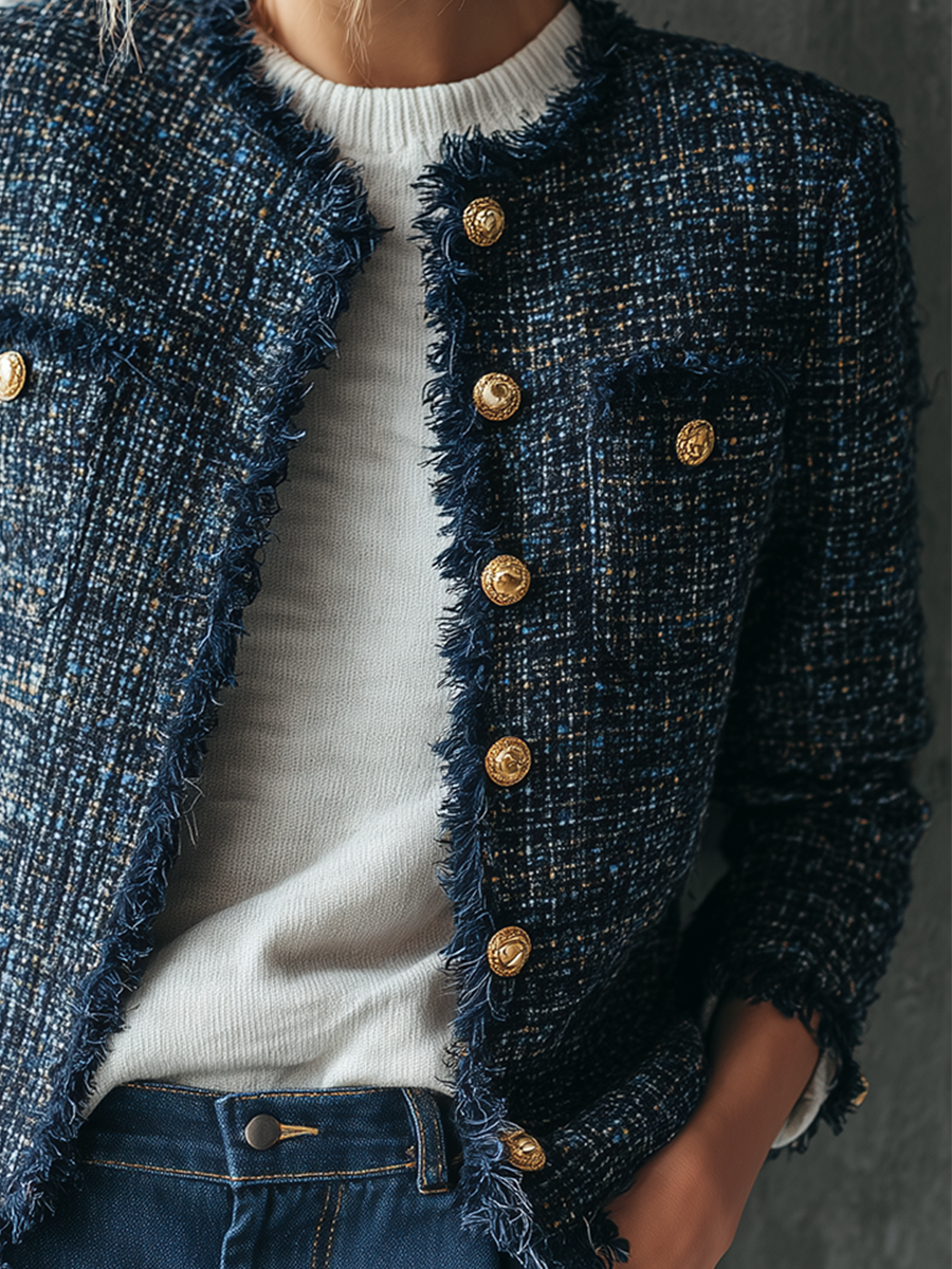 Parisian Chic Navy Tweed Fringe Jacket