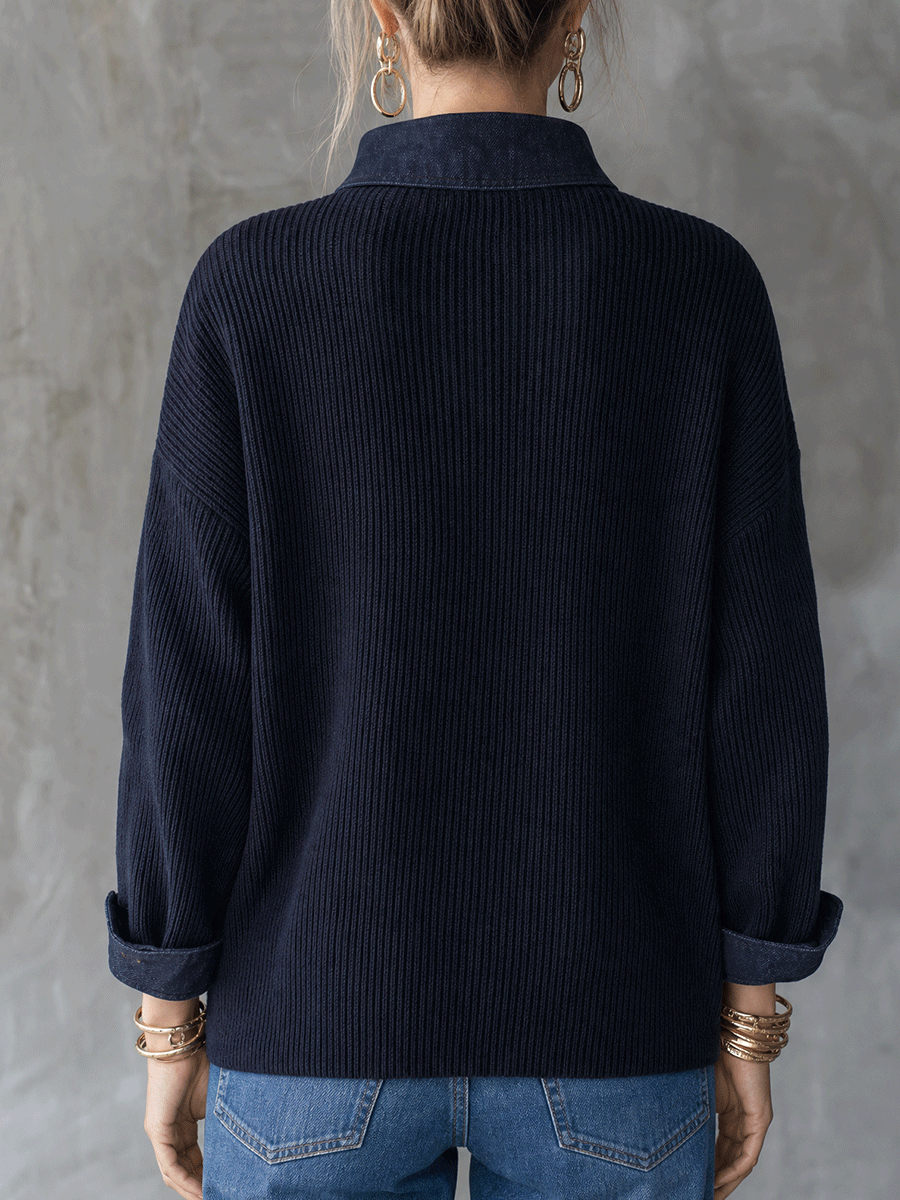 Women's Ribbed Knit Denim Collar Button Down Long Sleeve Top
