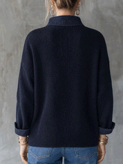 Women's Ribbed Knit Denim Collar Button Down Long Sleeve Top
