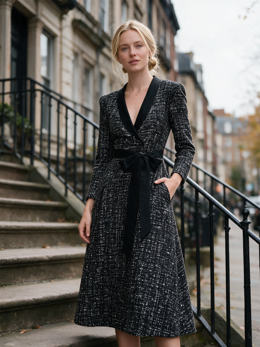 Polished Black White Tweed Bow-Waist Maxi Dress