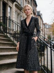Polished Black White Tweed Bow-Waist Maxi Dress