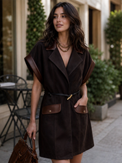 Women's Faux Suede Blazer Dress With PU Trim Belted Shirt Dress