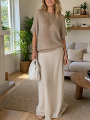 Bohemian Oatmeal Knit Top And Skirt Set