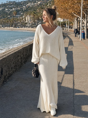 Bohemian White Knit Top And Fishtail Skirt Set