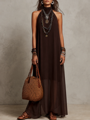 Dark Brown Halter Neck Minimalist Long Dress