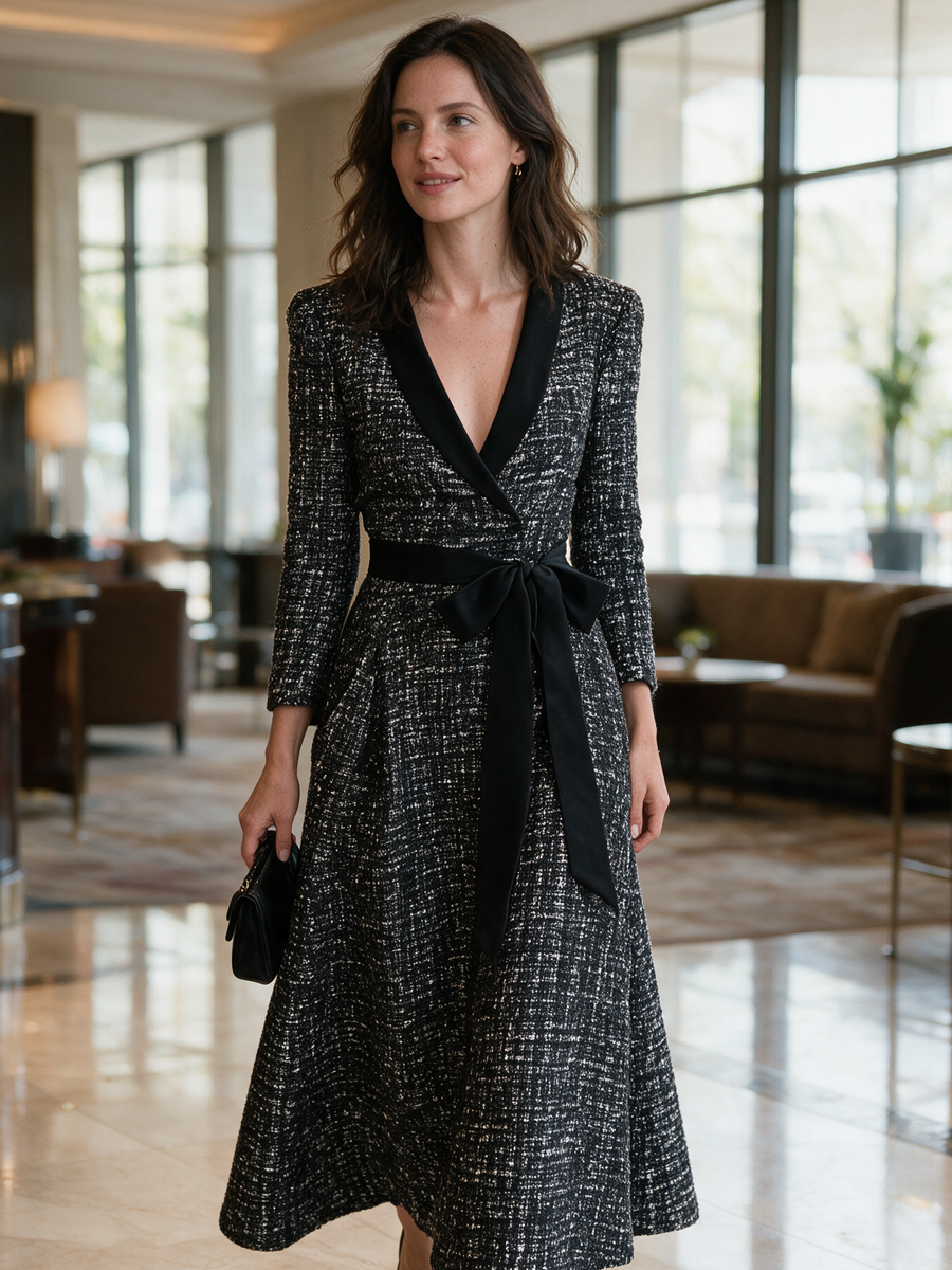Polished Black White Tweed Bow-Waist Maxi Dress