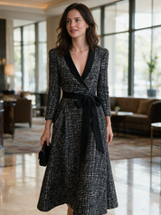 Polished Black White Tweed Bow-Waist Maxi Dress