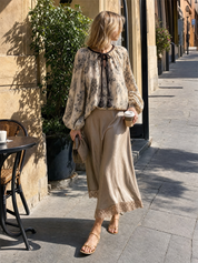 Boho Luxe Paisley Tie-Neck Blouse & Lace Hem Skirt Outfit Set
