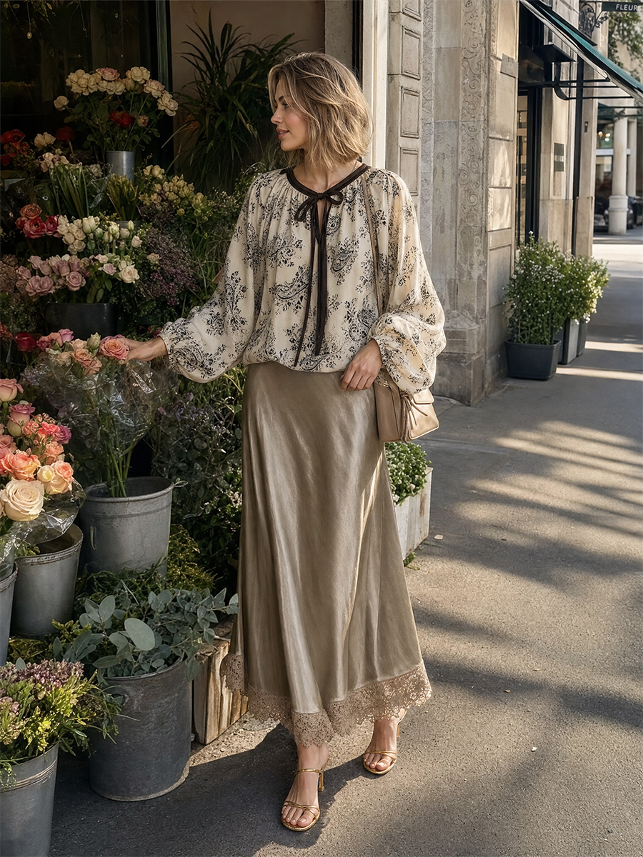 Boho Luxe Paisley Tie-Neck Blouse & Lace Hem Skirt Outfit Set