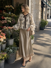 Boho Luxe Paisley Tie-Neck Blouse & Lace Hem Skirt Outfit Set