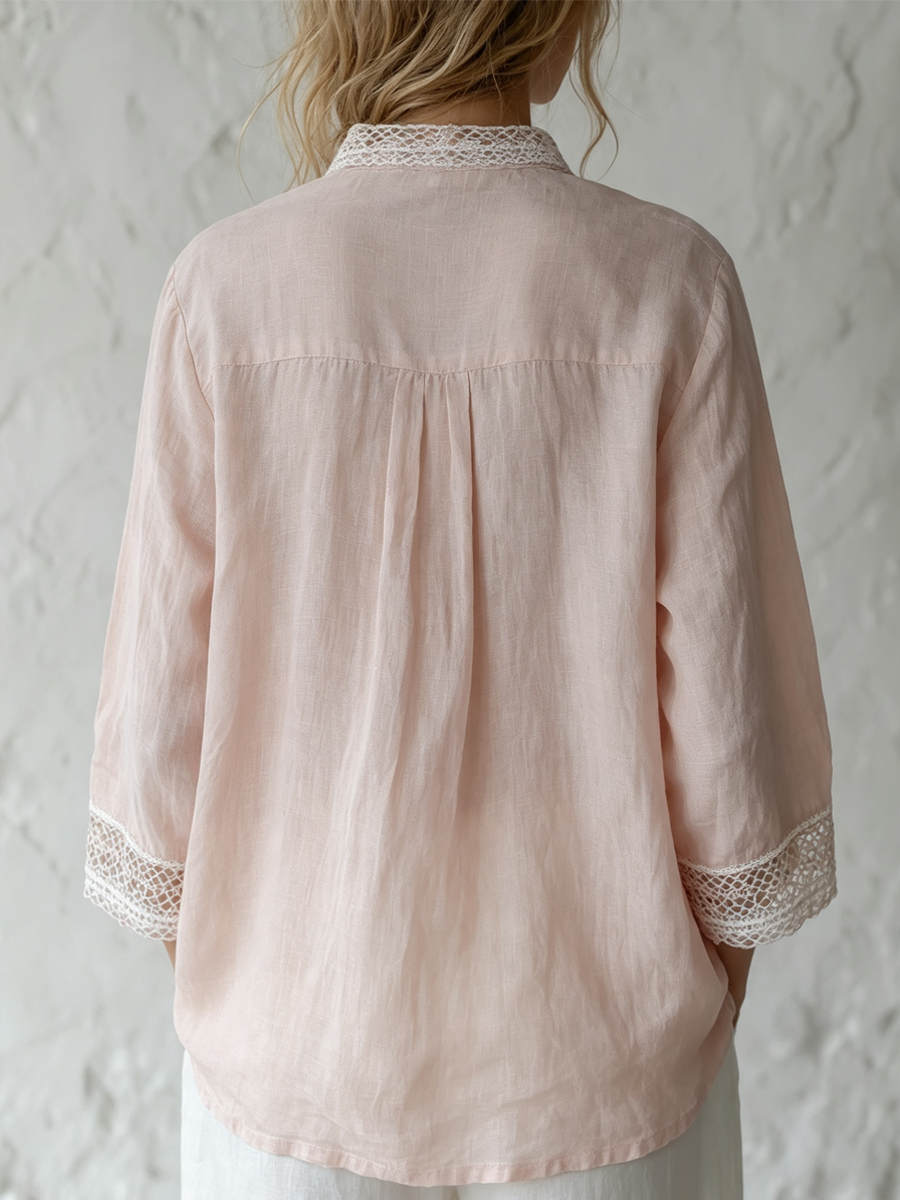 Delicate Blush Lace Trim Linen Blouse
