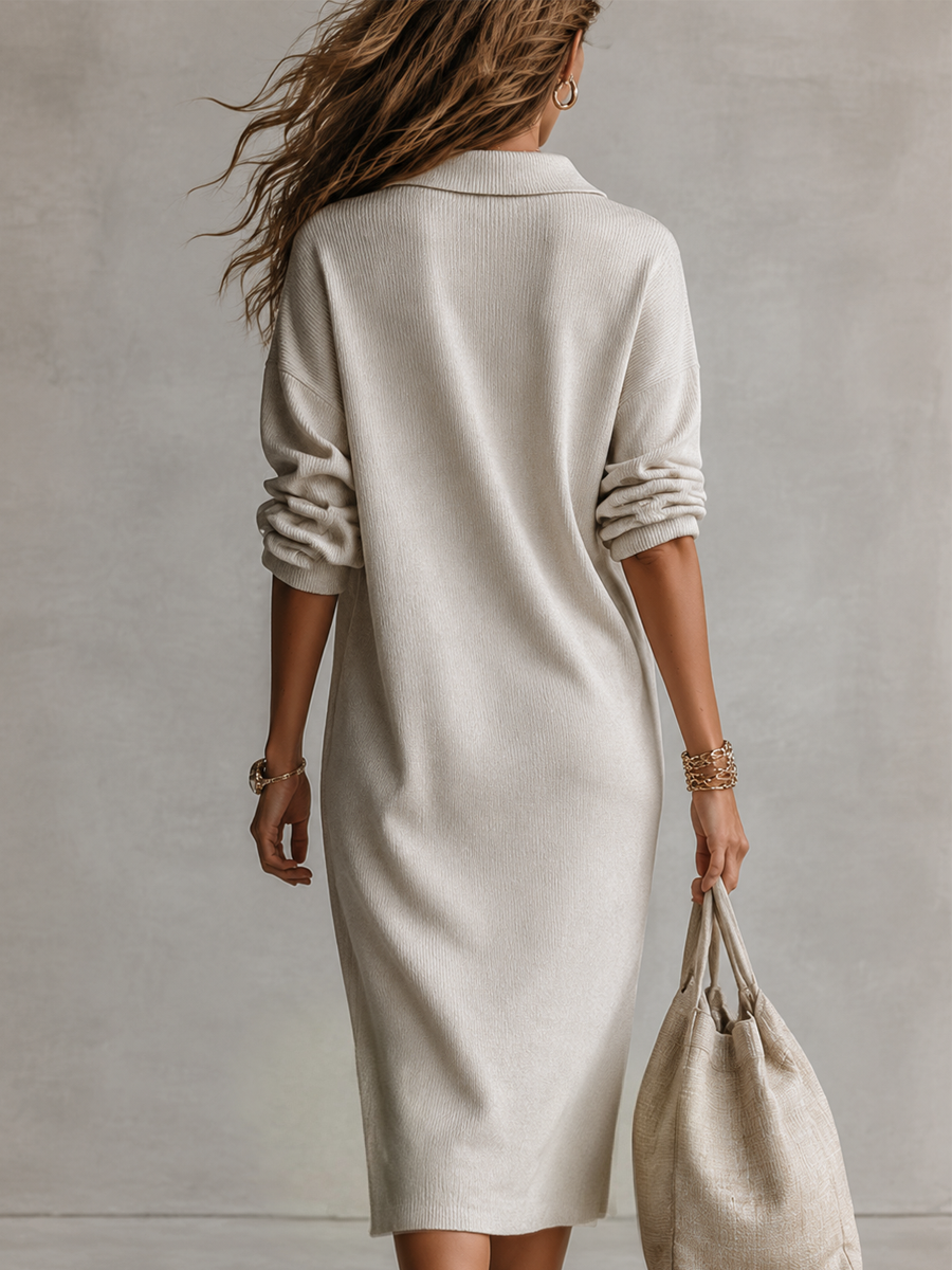 Refined Oatmeal Polo Knit Midi Dress