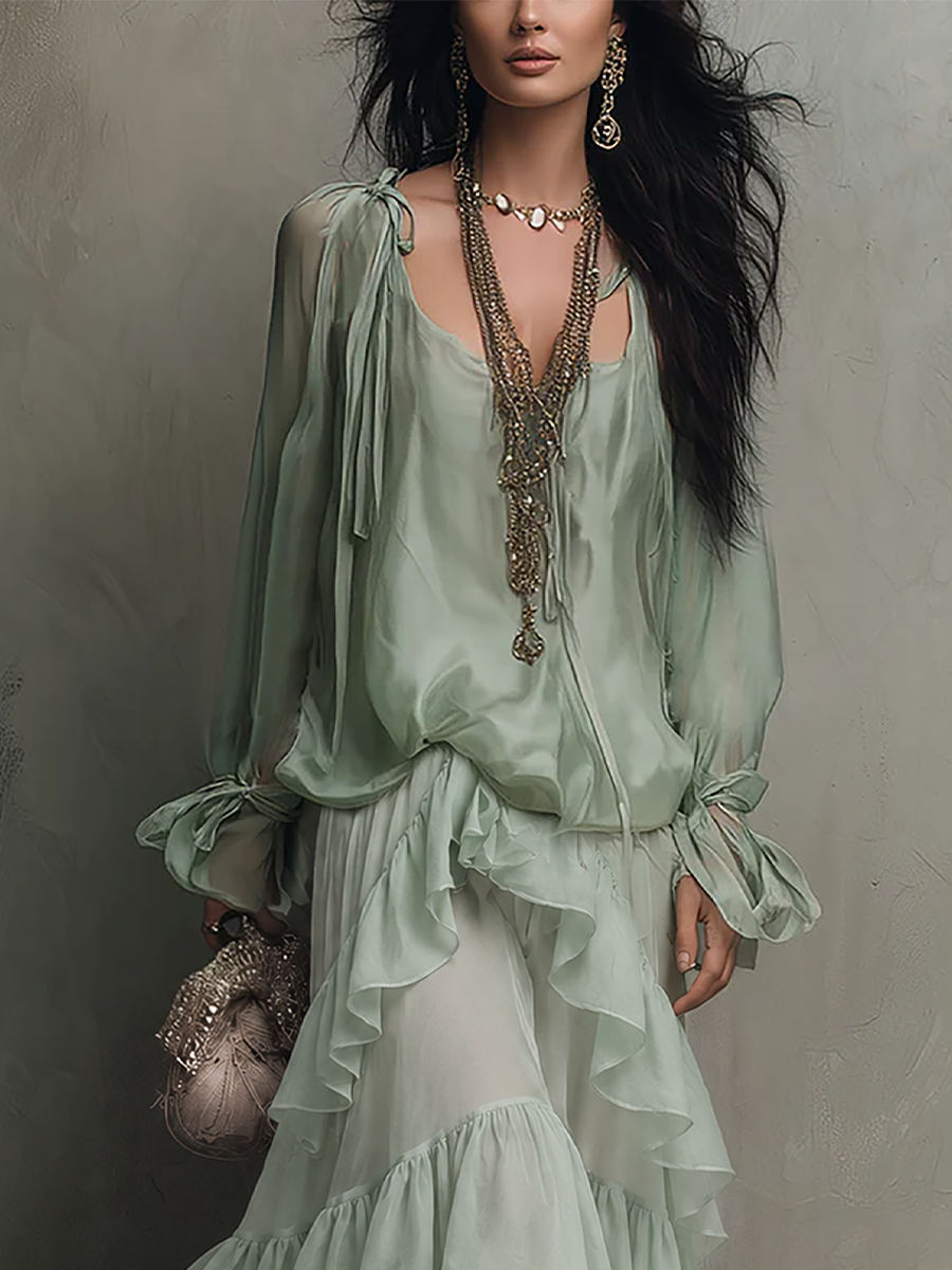 Bohemian Mint Chiffon Ruffle Blouse With Layered Skirt