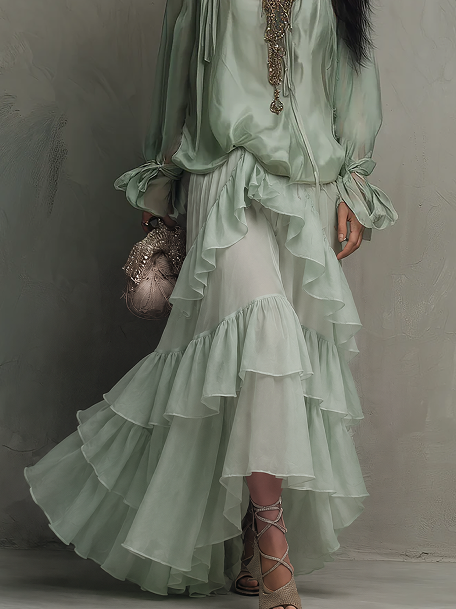 Bohemian Mint Chiffon Ruffle Blouse With Layered Skirt