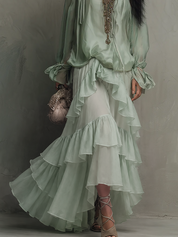 Bohemian Mint Chiffon Ruffle Blouse With Layered Skirt