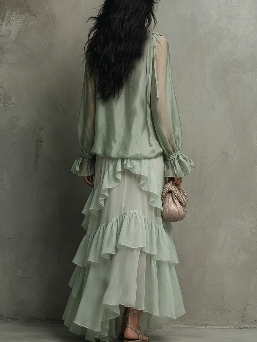 Bohemian Mint Chiffon Ruffle Blouse With Layered Skirt