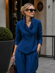 Cobalt Blue Textured Stand-Collar Blazer