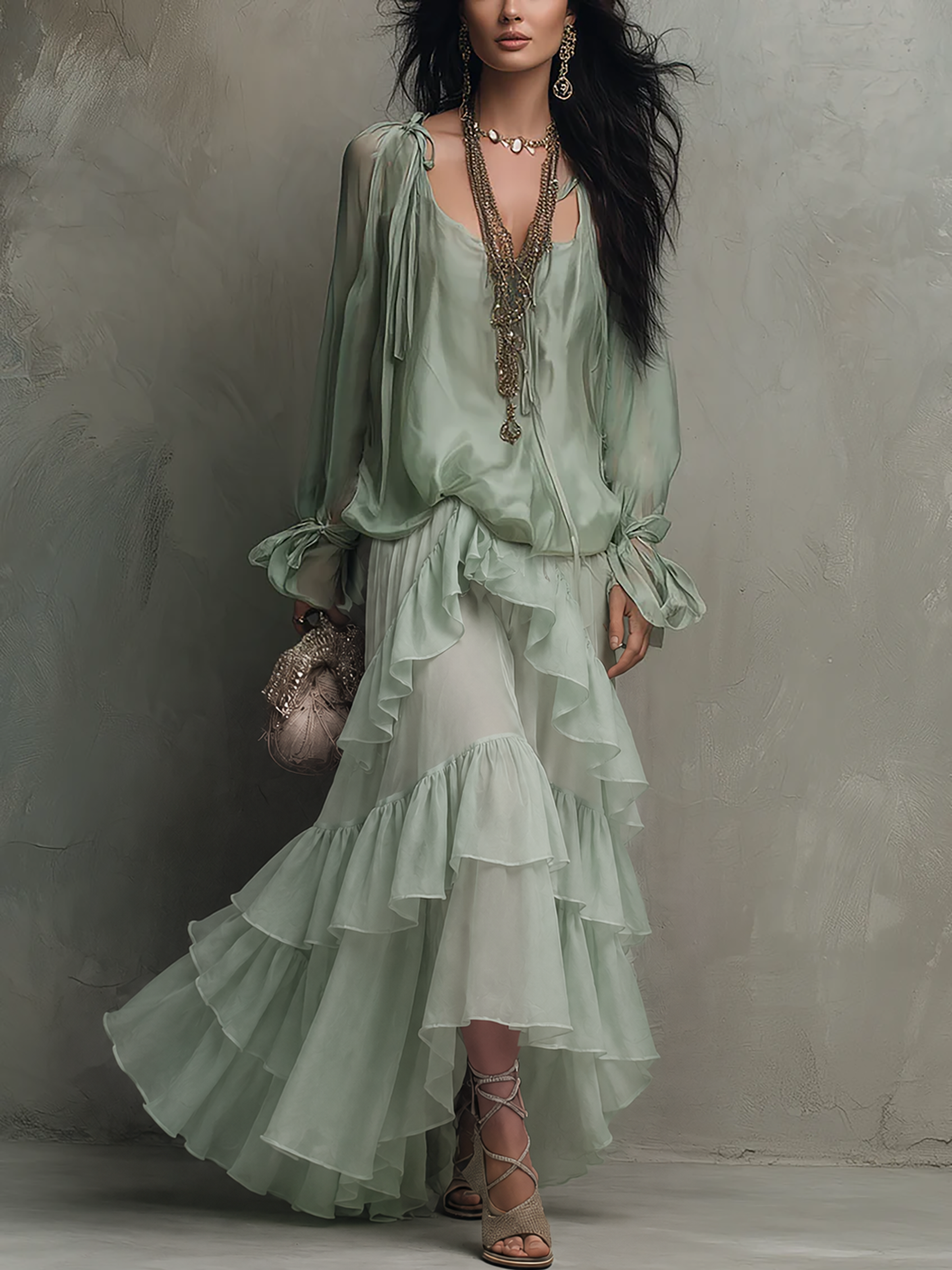 Bohemian Mint Chiffon Ruffle Blouse With Layered Skirt