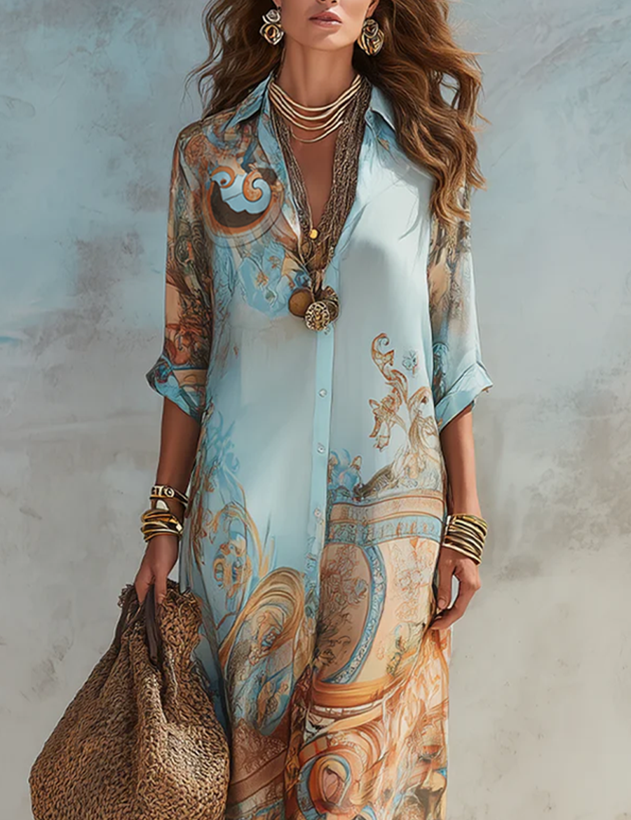 Baroque Style Floral Blue Chiffon Maxi Dress