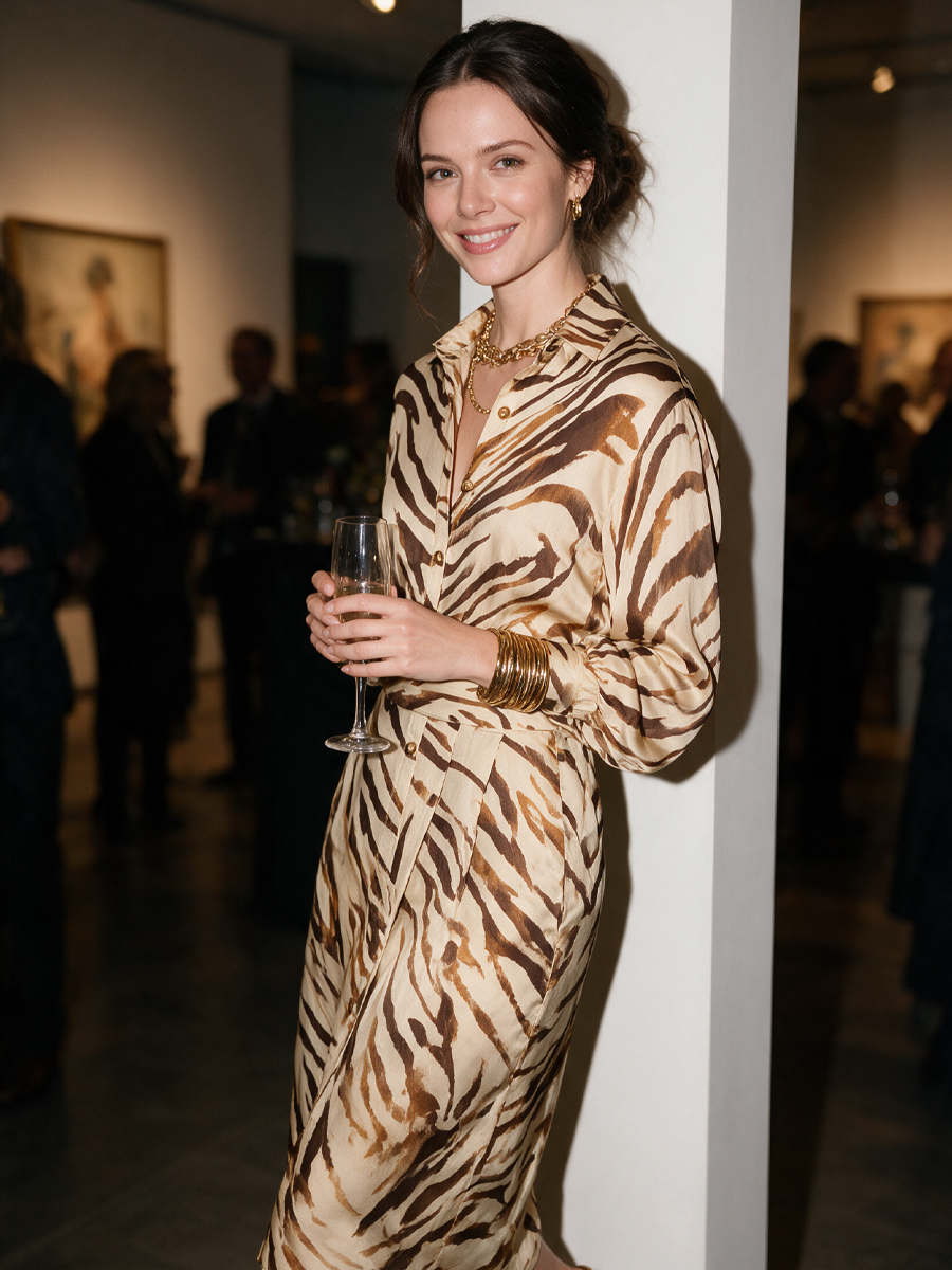 Brown Zebra-print Belted Shirt Dress