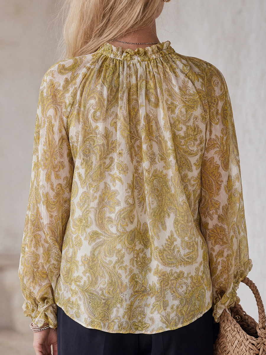 Romantic Boho Paisley Ruffle V-Neck Chiffon Blouse Top