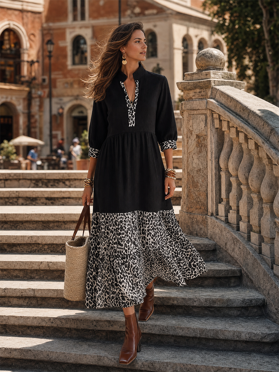 Chic Black Leopard-Panel Tiered Maxi Dress