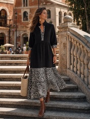 Chic Black Leopard-Panel Tiered Maxi Dress