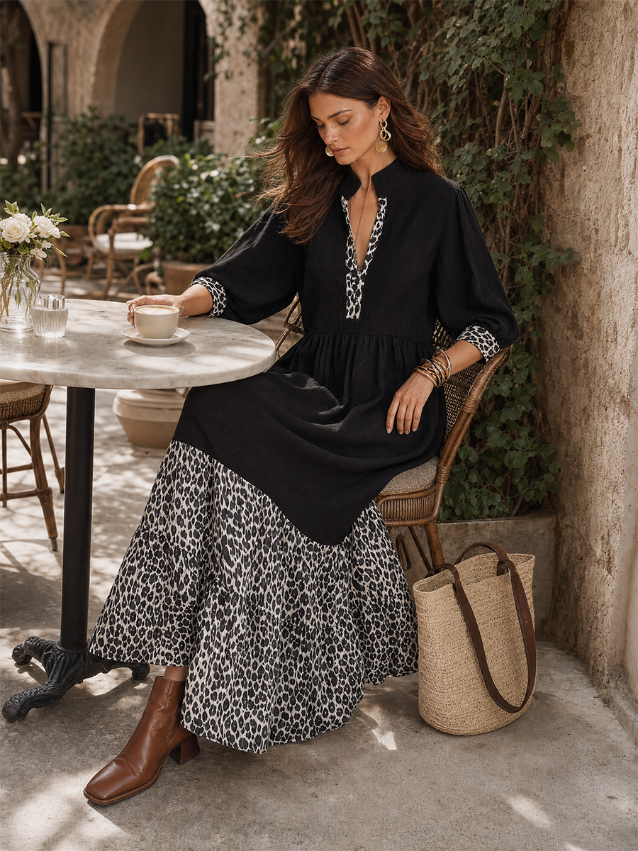 Chic Black Leopard-Panel Tiered Maxi Dress
