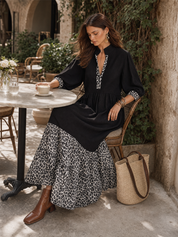 Chic Black Leopard-Panel Tiered Maxi Dress