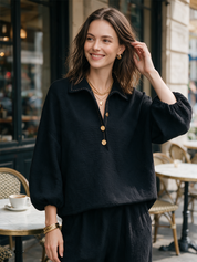 Relaxed Black Textured Collared Gold-Button Pullover Top